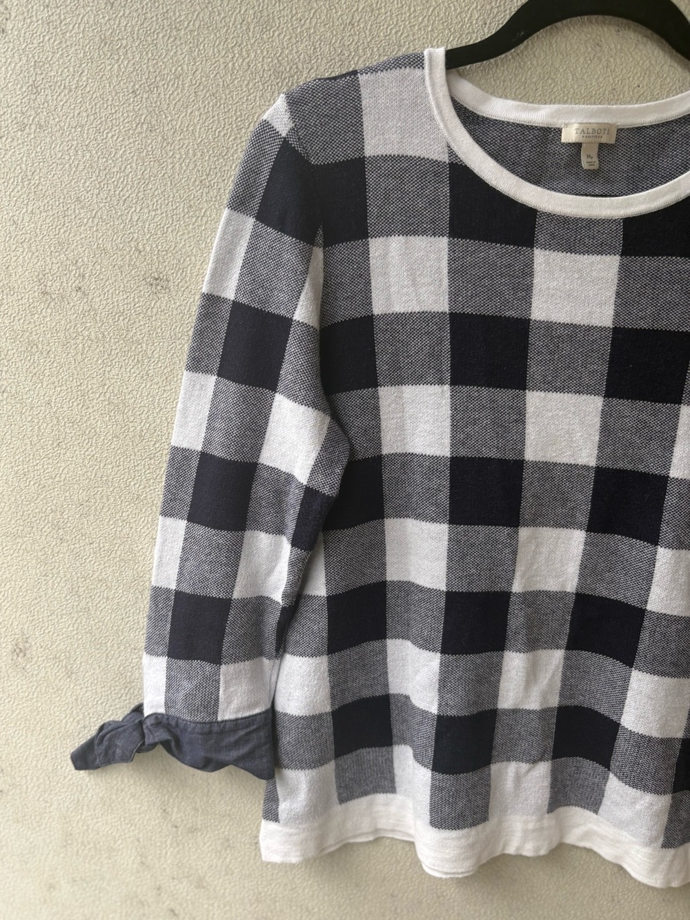 Talbots Petite Navy White Buffalo Check Cotton Sweater MP Tie Cuff